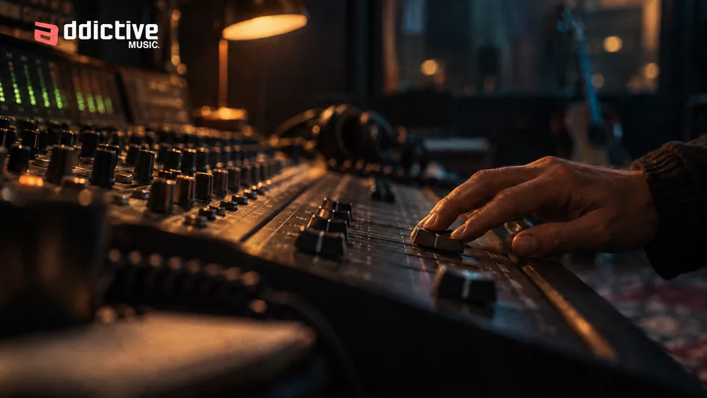 Console de mixage en studio, gros plan sur la main de l'ingénieur son.