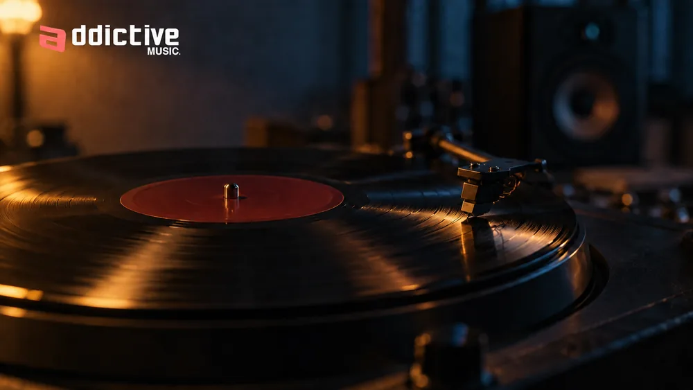 Platine vinyle en gros plan, ambiance chaleureuse et profondeur de champ marquée.