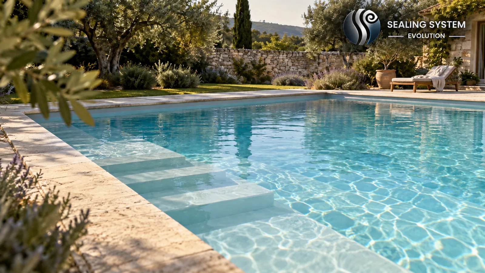 Piscine à débordement dans un jardin méditerranéen, eau turquoise — projet Sealing System Evolution.